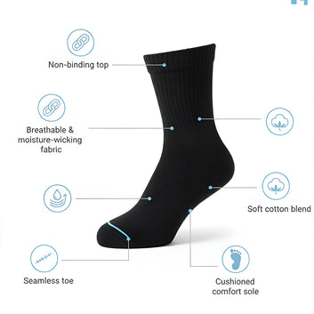 Diabetic Crew socks for men and women — Soft stretch for sensitive feet —  Black