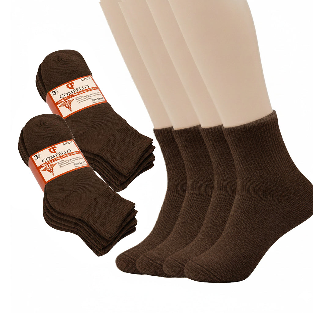 Diabetic Quarter socks for men and women — Soft stretch for sensitive feet — Brown