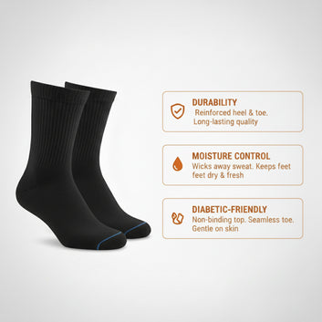 Diabetic Quarter socks for men and women — Soft stretch for sensitive feet — Black