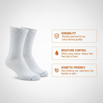 Diabetic Quarter socks for men and women — Soft stretch for sensitive feet —  White