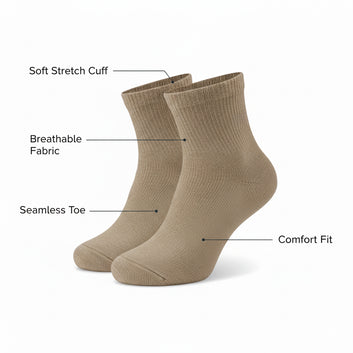 Diabetic Quarter socks for men and women — Soft stretch for sensitive feet — Khaki