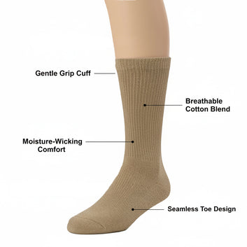 Diabetic Crew socks for men and women — Soft stretch for sensitive feet — Khaki