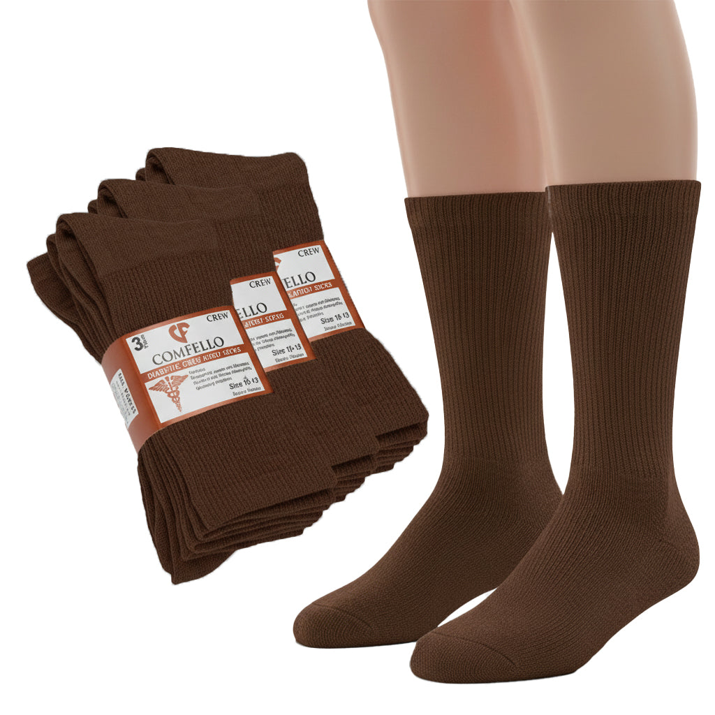 Diabetic Crew socks for men and women — Soft stretch for sensitive feet — Brown