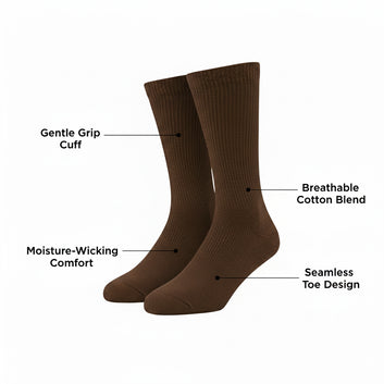 Diabetic Crew socks for men and women — Soft stretch for sensitive feet — Brown