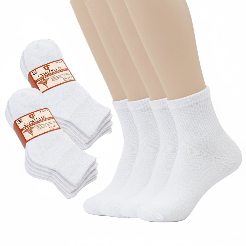 Diabetic Quarter socks for men and women — Soft stretch for sensitive feet —  White